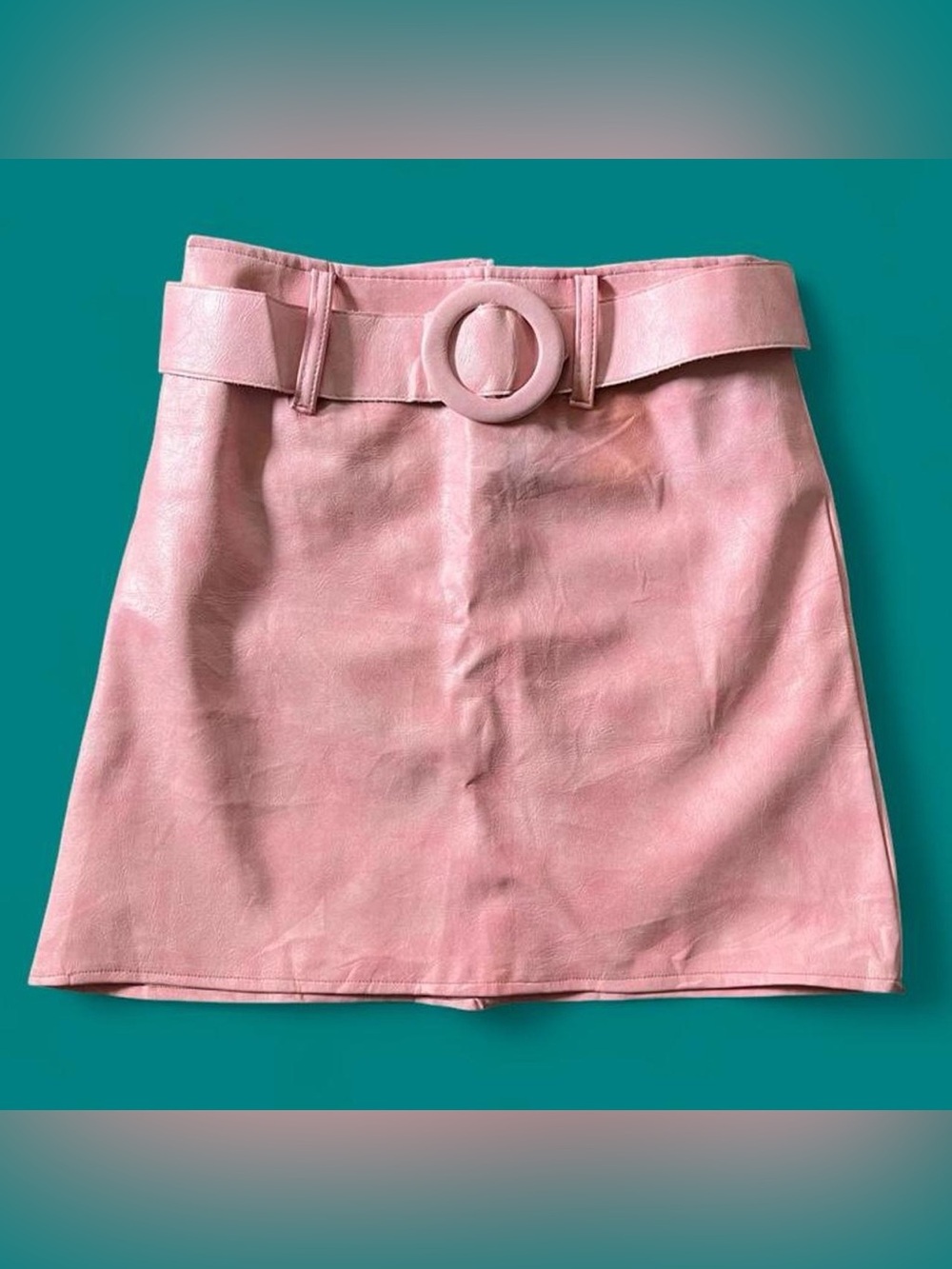 TRUE VINTAGE • RARE DEADSTOCK 60s Mod Go-Go Pink Vinyl Mini Skirt O-Ring Belt XS